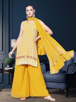 KVS FAB - Women Yellow Georgette Embroidered Kurta with Palazzo and Dupatta (Set of 3)