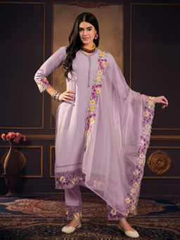 KVS FAB - Women Lavender Silk Blend Embroidered Kurta with Palazzo and Dupatta (Set of 3)