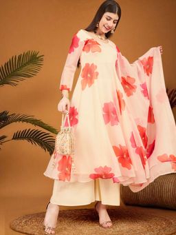 KVS FAB - Women Off White Silk Blend Floral Kurta with Palazzo and Dupatta (Set of 3)