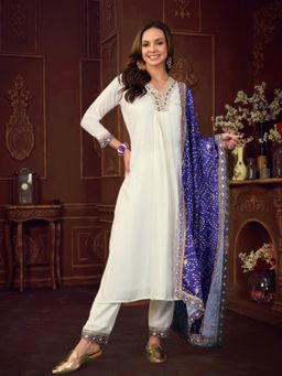 KVS FAB - Women Off White Silk Blend Embroidered Kurta with Pant and Dupatta (Set of 3)