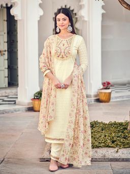 KVS FAB - Women Off White Cotton Embroidered Kurta with Pant and Dupatta (Set of 3)