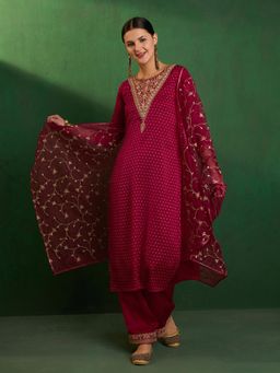 KVS FAB - Women Pink Silk Blend Embroidered Kurta with Pant and Dupatta (Set of 3)