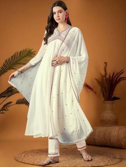 KVS FAB - Women White Georgette Embroidered Kurta with Pant and Dupatta (Set of 3)