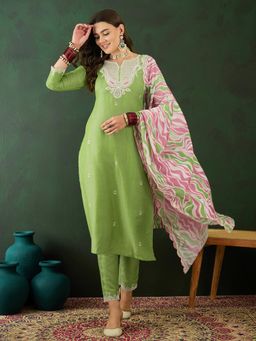 KVS FAB - Women Green Silk Blend Embroidered Kurta with Pant and Dupatta (Set of 3)