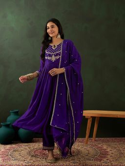 KVS FAB - Women Purple Silk Blend Embroidered Kurta with Pant and Dupatta (Set of 3)