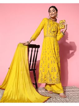KVS FAB - Women Yellow Viscose Embroidered Kurta with Palazzo and Dupatta (Set of 3)