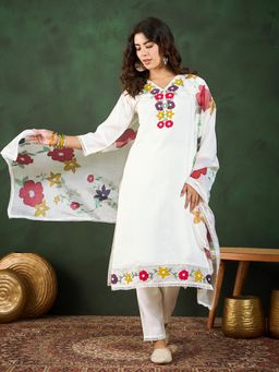 KVS FAB - Women Off White Silk Floral Kurta with Pant and Dupatta (Set of 3)