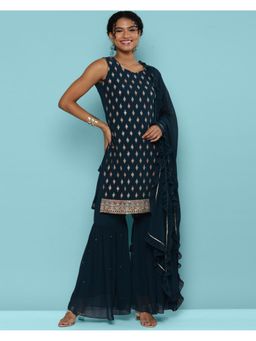 KVS FAB - Women Teal Georgette Embroidered Kurta with Sharara and Dupatta (Set of 3)