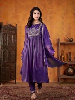 KVS FAB - Women Purple Silk Blend Embroidered Kurta with Pant and Dupatta (Set of 3)