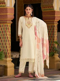 KVS FAB - Women Off White Cotton Embroidered Kurta with Pant and Dupatta (Set of 3)