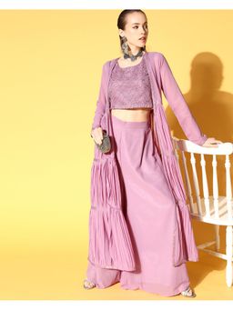 KVS FAB - Women Lavender Georgette Embroidered Top with Palazzo with Jacket (Set of 3)