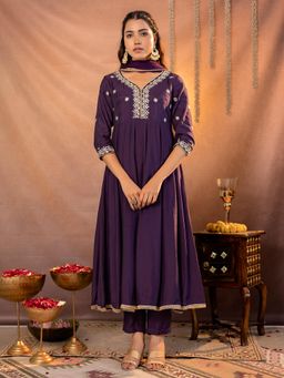 Kasya - Purple Viscose Mirror Work Embroidered Kurta and Pant with Chiffon Dupatta (Set of 3)