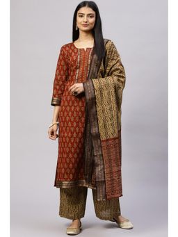 Biba - Red Cotton Woven Unstitched Suit (Set of 3)