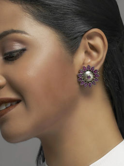 Divas Mantra - 92.5 Silver Oxidised Sunflower by night Flower Motif Stud Earrings with Pink Cut Stone