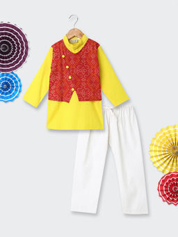 BownBee - Yellow Cotton Stand Collar Jacket with Kurta & Pajama (Set of 3)