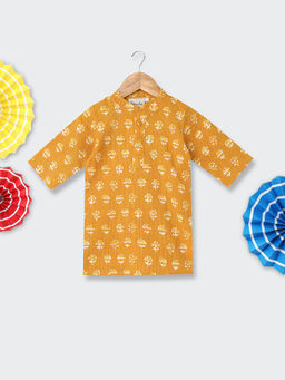 BownBee - Yellow Block Print Cotton Kurta for Girls