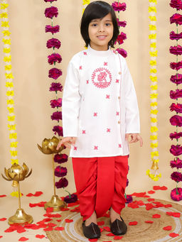 BownBee - White Embroidered Bengali Style Kurta with Dhoti