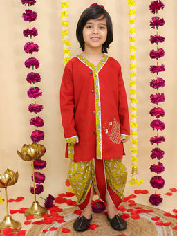 BownBee - Maroon Cotton Embroidered Printed Dhoti and Kurta