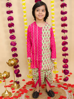 BownBee - Pink Cotton Floral Print Dhoti & Kurta