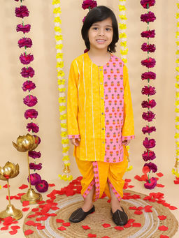 BownBee - Yellow Cotton Floral Print Dhoti & Kurta