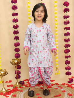 BownBee - Sky Blue Cotton Floral Print Kurta and Dhoti