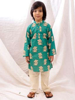 BownBee - Green Cotton Printed Kurta & Pyjama