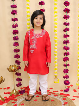 BownBee - Red Embroidered Bengali Style Kurta with Pyjama