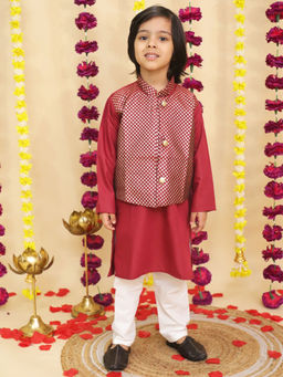 BownBee - Maroon Jacquard Print Jacket with Solid Kurta & Pajama (Set of 3)