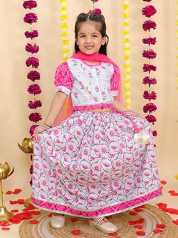 BownBee - Sky Blue Cotton Puff Sleeves Lehenga with Choli & Dupatta (Set of 3)