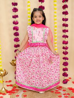 BownBee - Pink Cotton Sleeveless Lehenga with Choli & Dupatta (Set of 3)