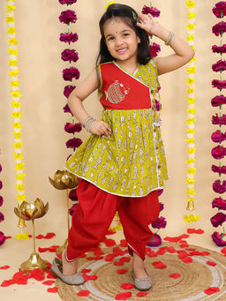 BownBee - Mustard Cotton Embroidered Angarkha Kurti with Dhoti