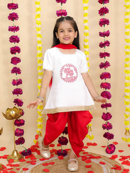 BownBee - White Cotton Embroidered Angarkha Kurti with Dhoti and Dupatta (Set of 3)