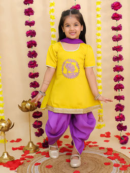 BownBee - Yellow Cotton Embroidered Angarkha Style Kurti with Dhoti abd Dupatta (Set of 3)