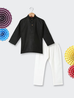 BownBee - Black Stand Collar Cotton Kurta & Pyjama