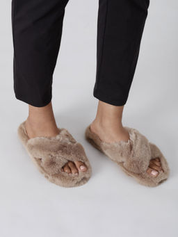 Twenty Dresses by Nykaa Fashion - Beige Cross Your Path Fur Slippers