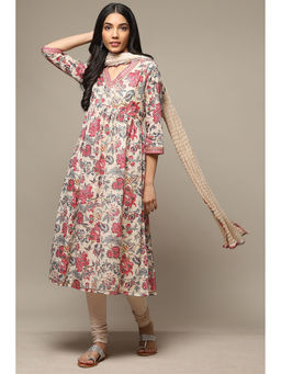 Biba - Womens Beige Printed Voile Gathered Suit (Set of 3)