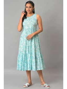 Aurelia - Blue Flared Floral Printed Sleeveless Dress