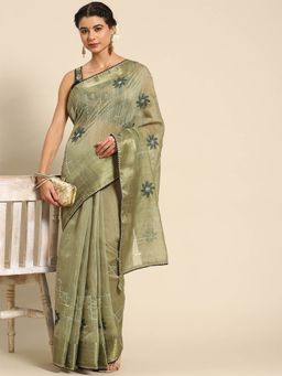 Odette - Green Cotton Embroidered Saree with Unstitched Blouse