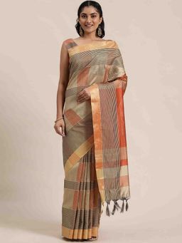 Rajnandini - Womens Orange and Beige Cotton Silk Woven Traditional Saree with Unstitched Blouse