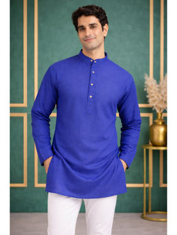 TATTVA - Men Premium Cotton Solid Blue Straight Short Kurta