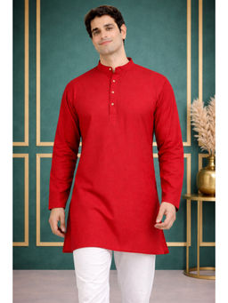TATTVA - Men Premium Cotton Solid Red Straight Short Kurta