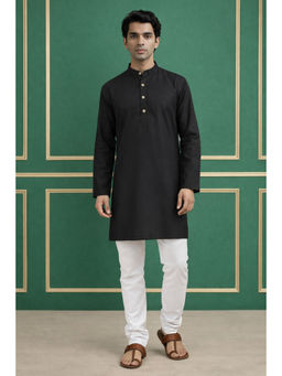TATTVA - Men Premium Cotton Solid Black Straight Short Kurta