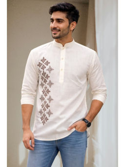 TATTVA - Men Premium Cotton Printed Cream Straight Short Kurta