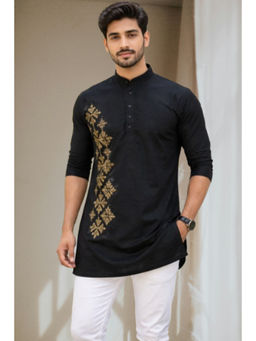 TATTVA - Men Premium Cotton Printed Black Straight Short Kurta