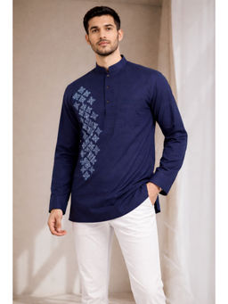 TATTVA - Men Premium Cotton Printed Navy Blue Straight Short Kurta