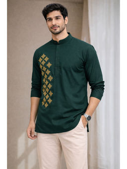 TATTVA - Men Premium Cotton Printed Green Straight Short Kurta