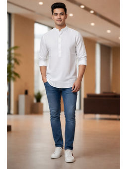 TATTVA - Men Premium Cotton Printed White Straight Short Kurta