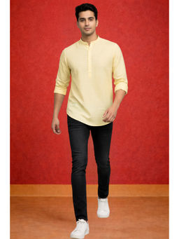TATTVA - Men Premium Cotton Printed Yellow Straight Short Kurta