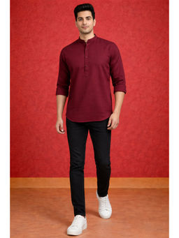 TATTVA - Men Premium Cotton Printed Maroon Straight Short Kurta