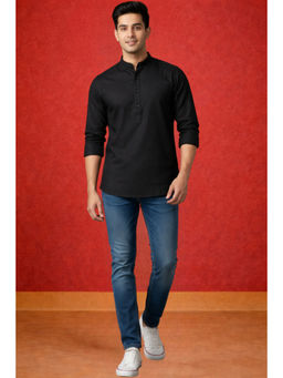 TATTVA - Men Premium Cotton Printed Black Straight Short Kurta